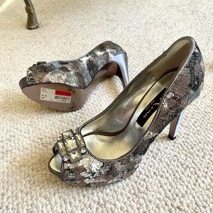 Nina New York Sequin Open-Toe Sparkly Silver Heels